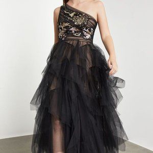 BCBG MaxAzria black, one shoulder sequenced tulle gown with side split size 6.